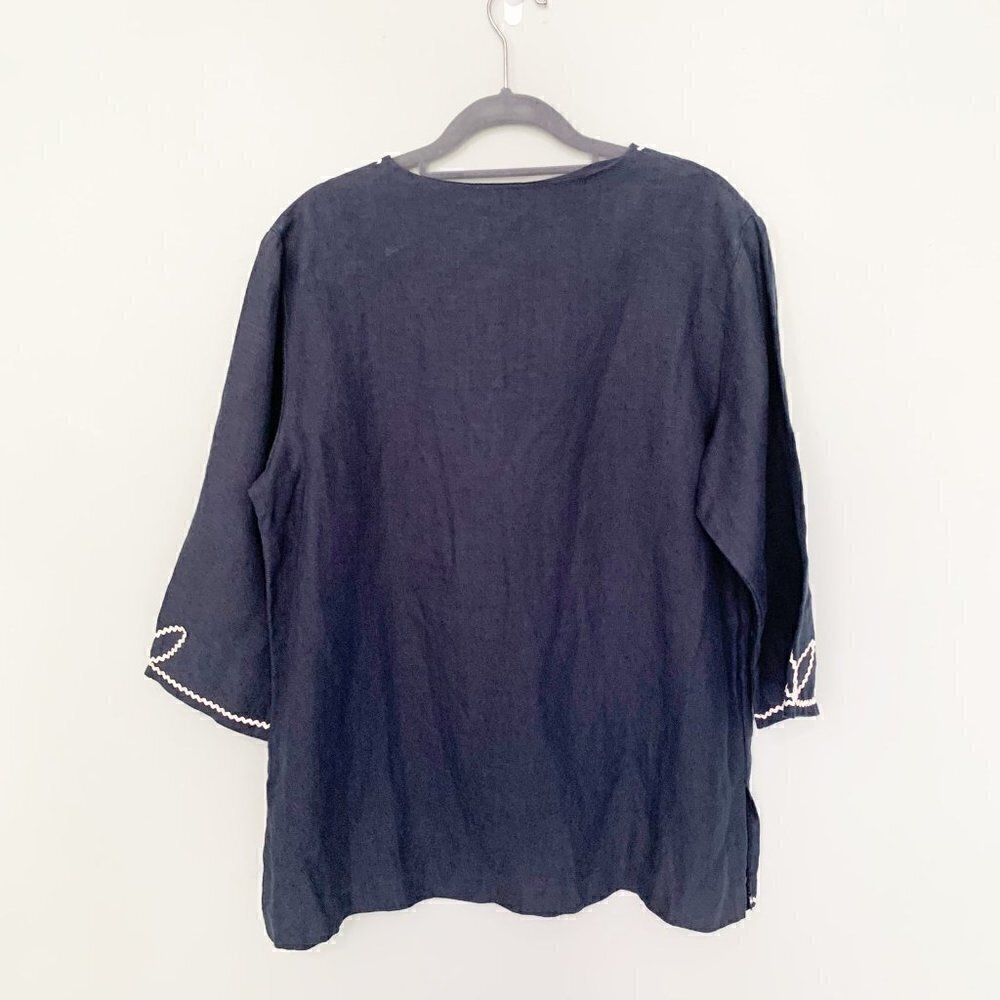 Nira Nira New York‎ Navy Blue Linen Ric Rac Embroidered Tunic Top Womens Size M - Picture 6 of 8